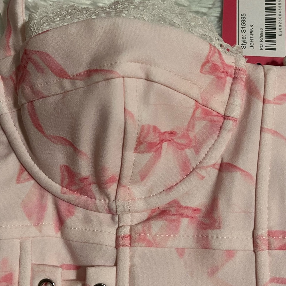 EDIKTED Pink Bow Print Lace Up Halter Corset Style Crop Top Size S - Picture 5 of 13